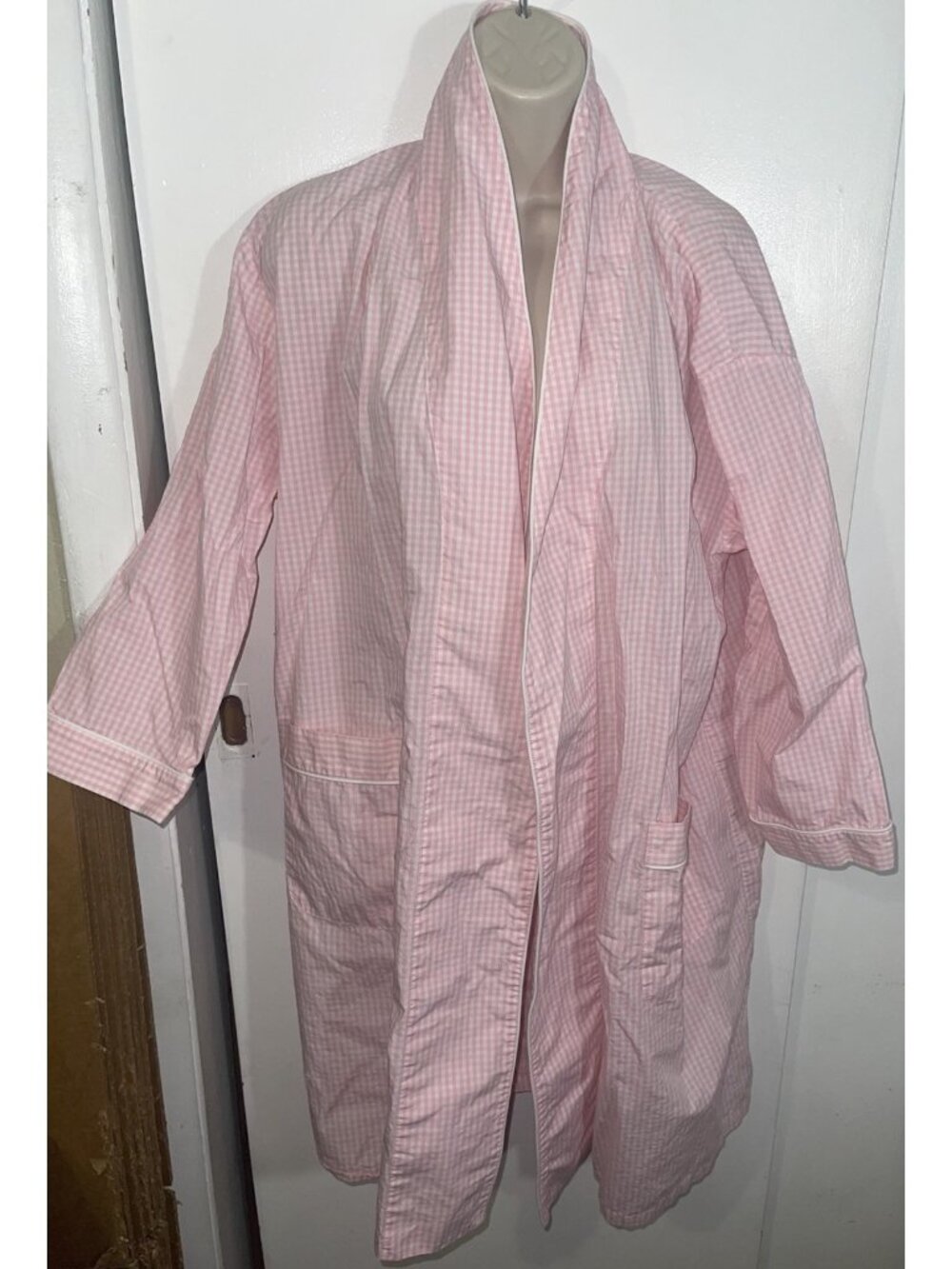 SLEEPY JONES Women's Size Large Pink Gingham Plaid Short Open Robe 100% Cotton